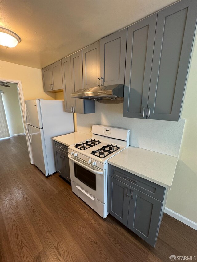 130 Albatross Ct Unit 16, San Francisco, CA 94124 - kitchen with white appliances, gray cabinetry, under cabinet range hood, and dark wood-style flooring