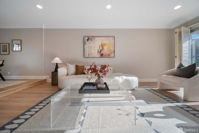 living room featuring hardwood / wood-style flooring and crown molding