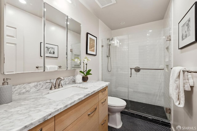 full bath featuring a stall shower, visible vents, vanity, and toilet