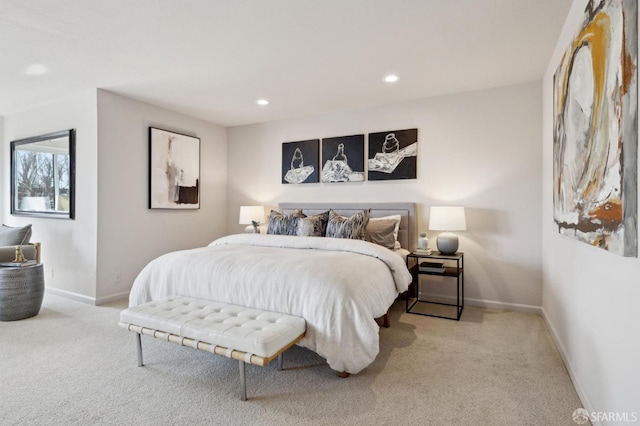 carpeted bedroom with recessed lighting and baseboards