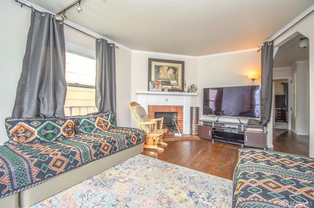 2383-2385 26th Ave, San Francisco, CA 94116 - living room with wood finished floors, ornamental molding, and a brick fireplace