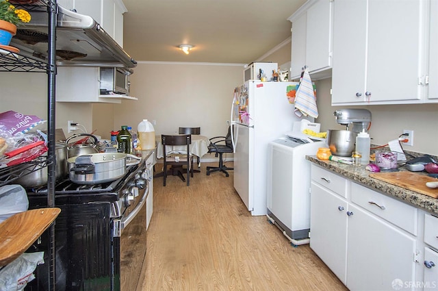 2383-2385 26th Ave, San Francisco, CA 94116 - kitchen featuring gas stove, light wood-style flooring, crown molding, white cabinets, and freestanding refrigerator