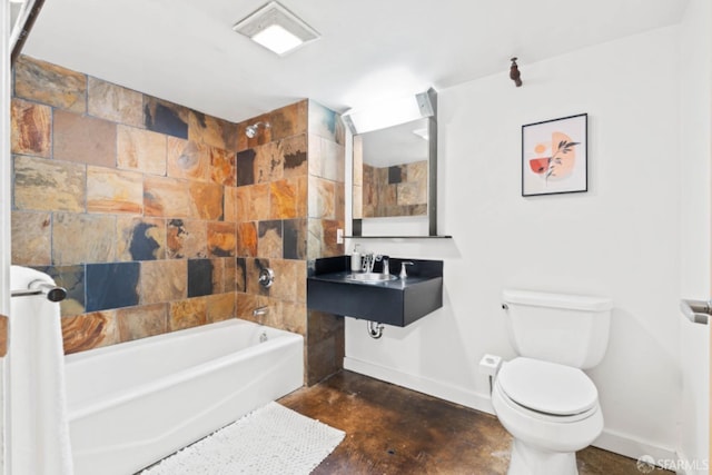 bathroom with shower / bath combo, concrete flooring, and toilet