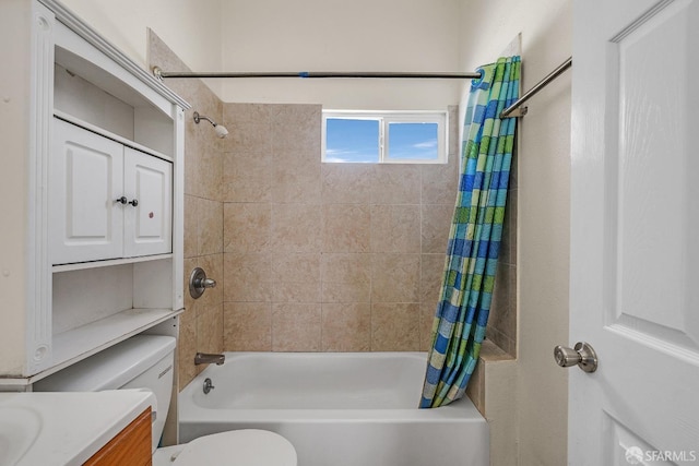 bathroom featuring toilet, vanity, and shower / bathtub combination with curtain