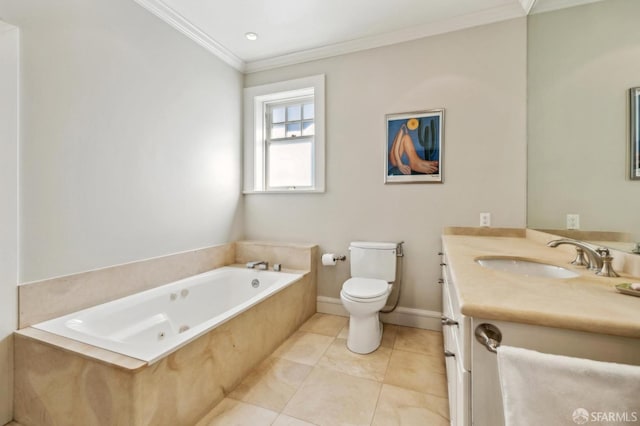 bathroom featuring vanity, a relaxing tiled tub, toilet, crown molding, and tile patterned floors