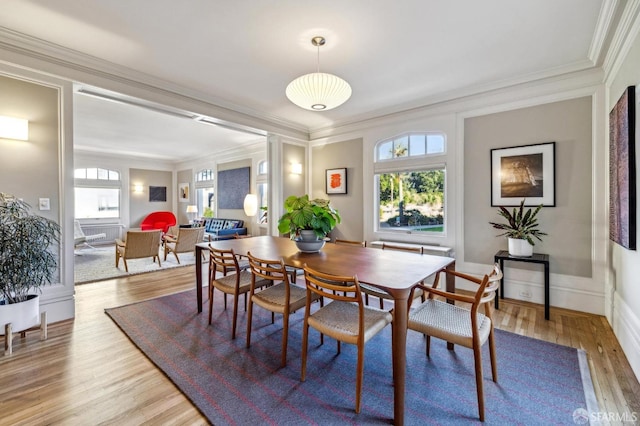 dining area with light hardwood / wood-style flooring, crown molding, and plenty of natural light