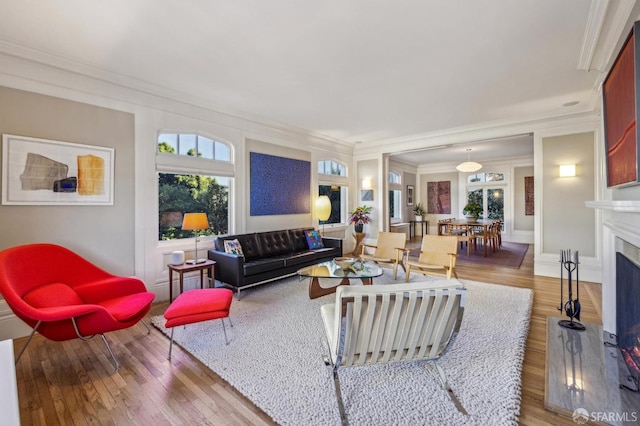 living room with hardwood / wood-style flooring and ornamental molding