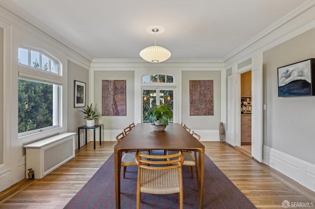 dining area featuring radiator, a wealth of natural light, and ornamental molding