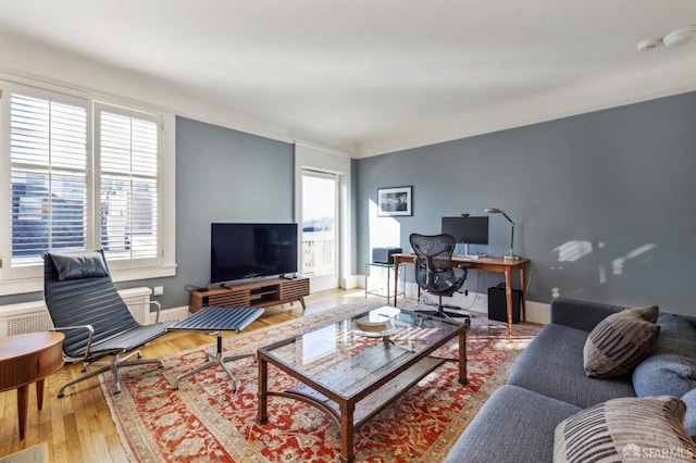 living room featuring hardwood / wood-style flooring and crown molding