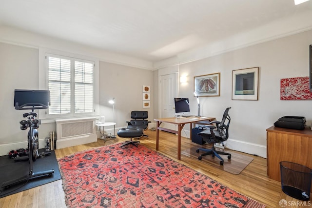 office space with light hardwood / wood-style flooring and ornamental molding