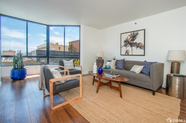 living room featuring a wall of windows and hardwood / wood-style floors