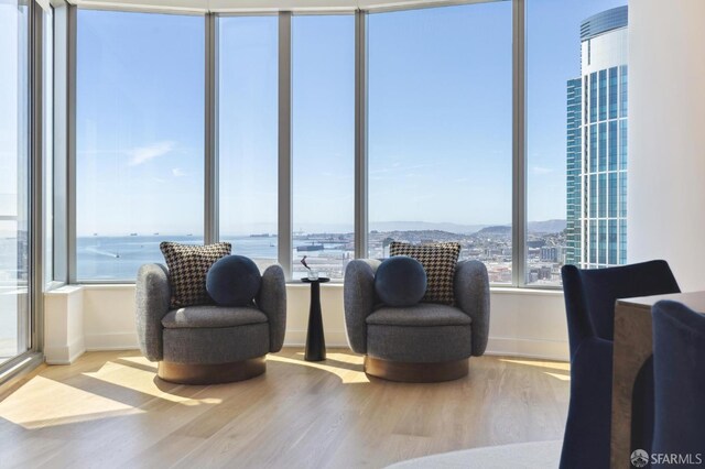 338 Main St Unit Ph36B, San Francisco, CA 94105 - sitting room featuring wood finished floors, baseboards, a view of city, and a mountain view