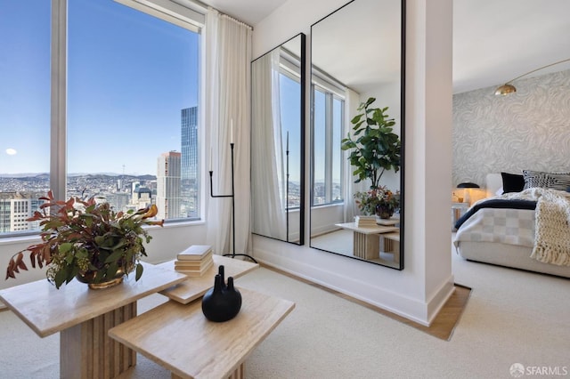 338 Main St Unit Ph36B, San Francisco, CA 94105 - carpeted living area featuring a view of city, healthy amount of natural light, wallpapered walls, and baseboards