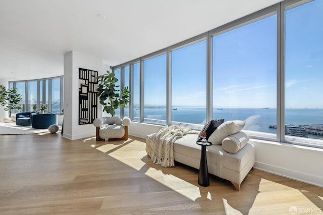 338 Main St Unit Ph36B, San Francisco, CA 94105 - living room with plenty of natural light, baseboards, a water view, and wood finished floors