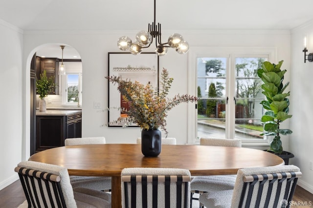 dining space with crown molding and dark hardwood / wood-style flooring