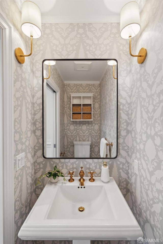 bathroom featuring sink, crown molding, and toilet