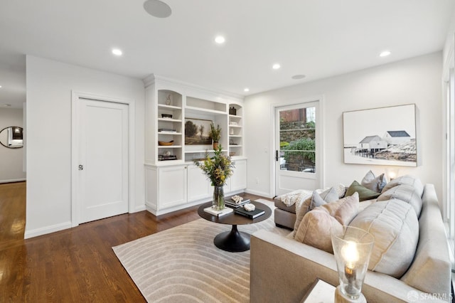 living room featuring dark wood-type flooring