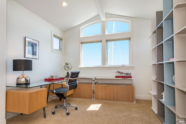 home office featuring lofted ceiling with beams, light carpet, baseboards, and recessed lighting