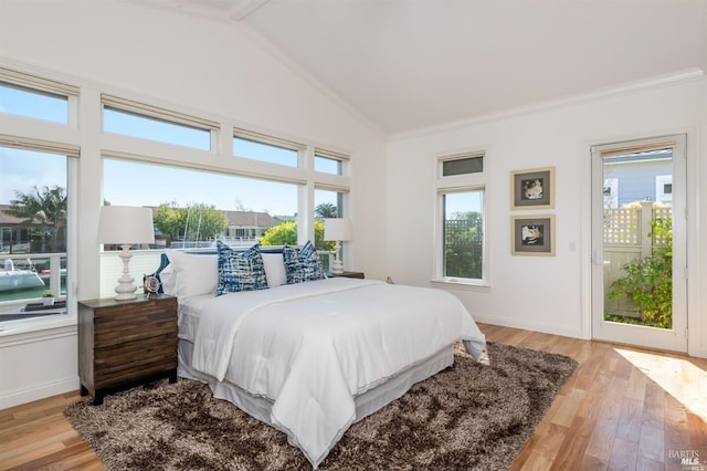 bedroom featuring light wood-style floors, multiple windows, and vaulted ceiling