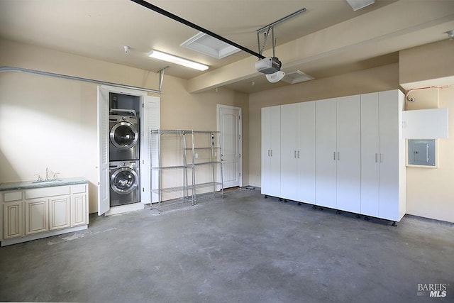 garage with stacked washer and dryer, electric panel, and a garage door opener