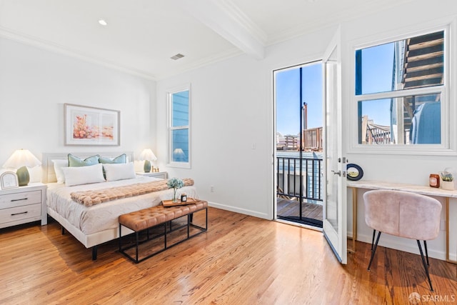 bedroom featuring access to outside, baseboards, light wood-style flooring, crown molding, and beamed ceiling