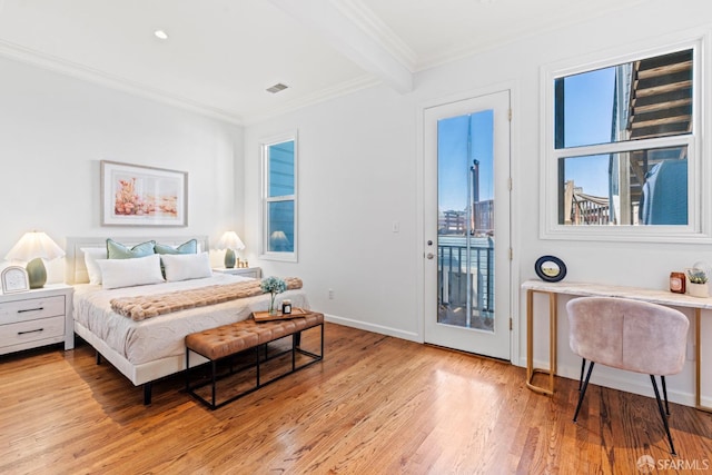 bedroom featuring crown molding, beamed ceiling, light wood-type flooring, access to exterior, and baseboards