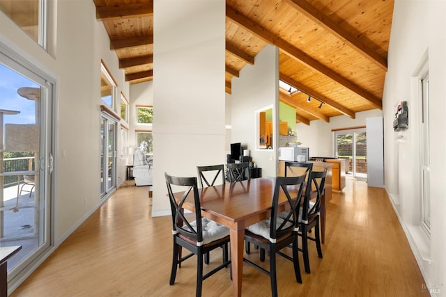66 Bridge Rd, Novato, CA 94945 - dining space featuring wooden ceiling with exposed beams, high vaulted ceiling, light wood-style flooring, and baseboards