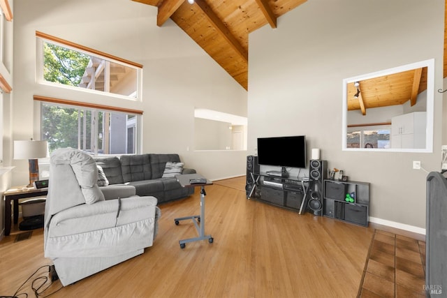 66 Bridge Rd, Novato, CA 94945 - living area featuring wood ceiling with exposed beams, wood finished floors, high vaulted ceiling, and baseboards