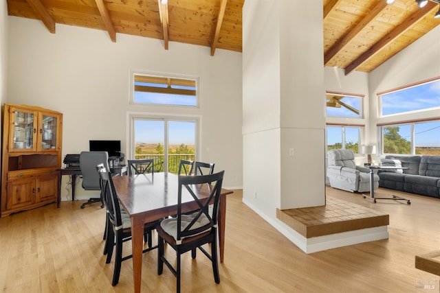 66 Bridge Rd, Novato, CA 94945 - dining area with high vaulted ceiling, wood ceiling with exposed beams, light wood finished floors, baseboards, and ceiling fan