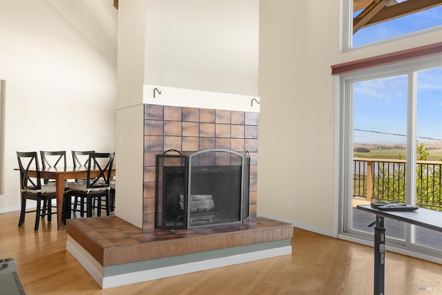 66 Bridge Rd, Novato, CA 94945 - detailed view of a tiled fireplace, wood finished floors, and baseboards