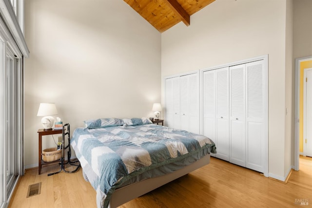 66 Bridge Rd, Novato, CA 94945 - bedroom featuring high vaulted ceiling, light wood finished floors, wood ceiling with exposed beams, two closets, and baseboards