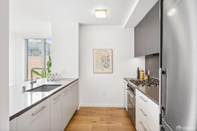 kitchen with appliances with stainless steel finishes, backsplash, sink, light hardwood / wood-style flooring, and white cabinets