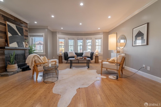 living room with crown molding, light hardwood / wood-style flooring, and a large fireplace