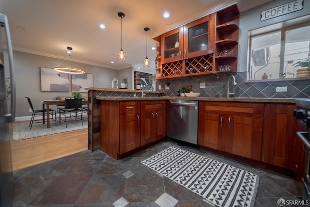 kitchen with ornamental molding, dishwasher, kitchen peninsula, pendant lighting, and backsplash