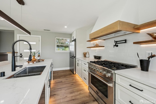 kitchen with tasteful backsplash, a sink, stainless steel appliances, premium range hood, and white cabinets
