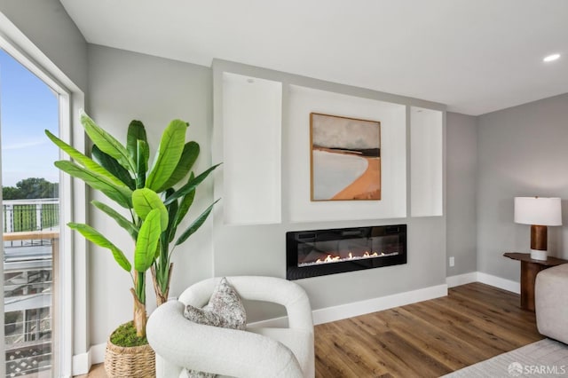 sitting room with a glass covered fireplace, wood finished floors, baseboards, and plenty of natural light