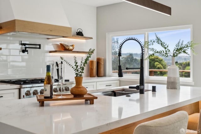 kitchen with backsplash, light stone counters, a sink, and white cabinets