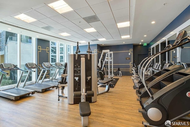 exercise room with wood finished floors and floor to ceiling windows