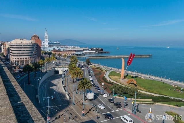 drone / aerial view with a water view