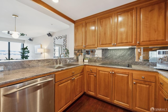 kitchen featuring tasteful backsplash, dishwasher, sink, dark wood-type flooring, and black electric cooktop