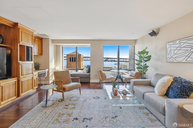 living room with a water view and dark hardwood / wood-style flooring