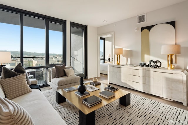 living room with a wall of windows and light hardwood / wood-style floors