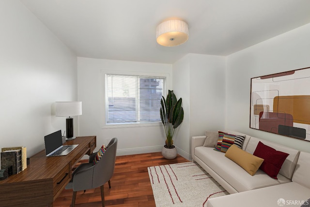 office area featuring wood finished floors and baseboards