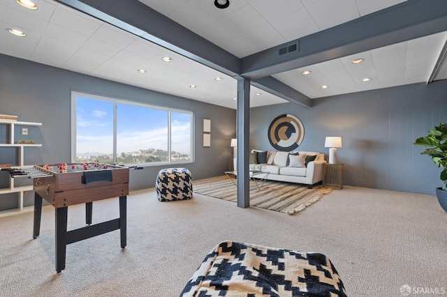 recreation room with visible vents, carpet flooring, and recessed lighting