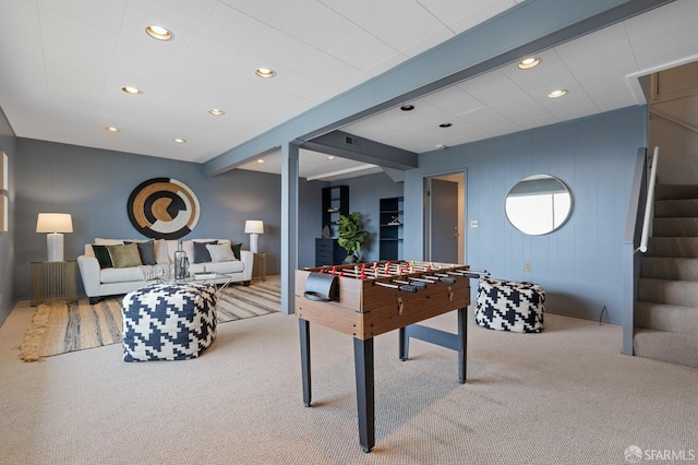 recreation room featuring visible vents, recessed lighting, and carpet