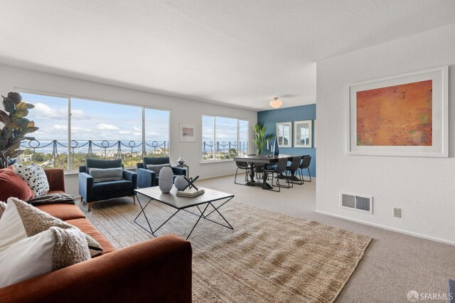 living area with visible vents, carpet flooring, and baseboards