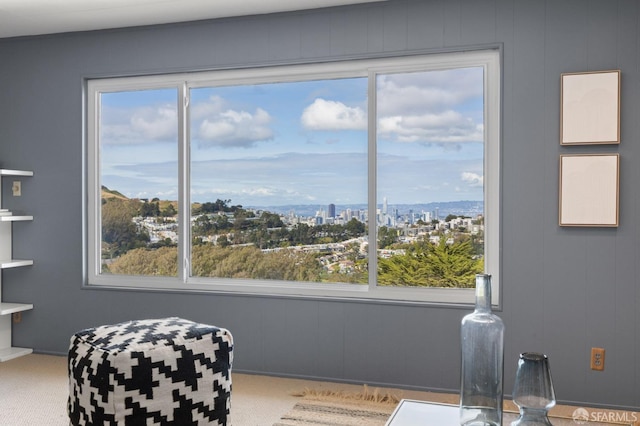 living area with a view of city, plenty of natural light, and carpet flooring