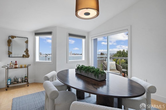 dining room with hardwood / wood-style floors and vaulted ceiling