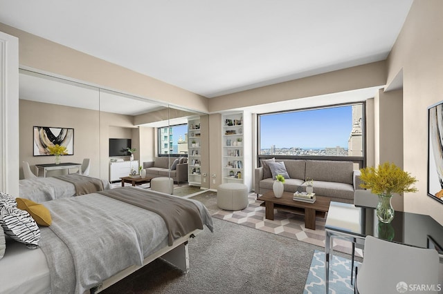 carpeted bedroom with multiple windows