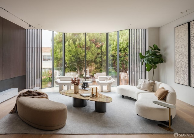 living room featuring wooden walls and a wall of windows